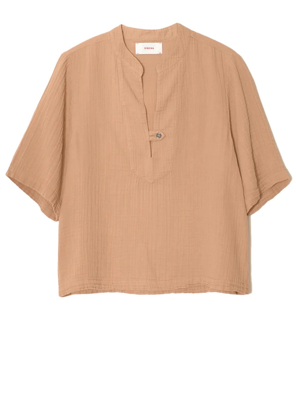 XiRENA Tan Short-Sleeve V-Neck Blouse